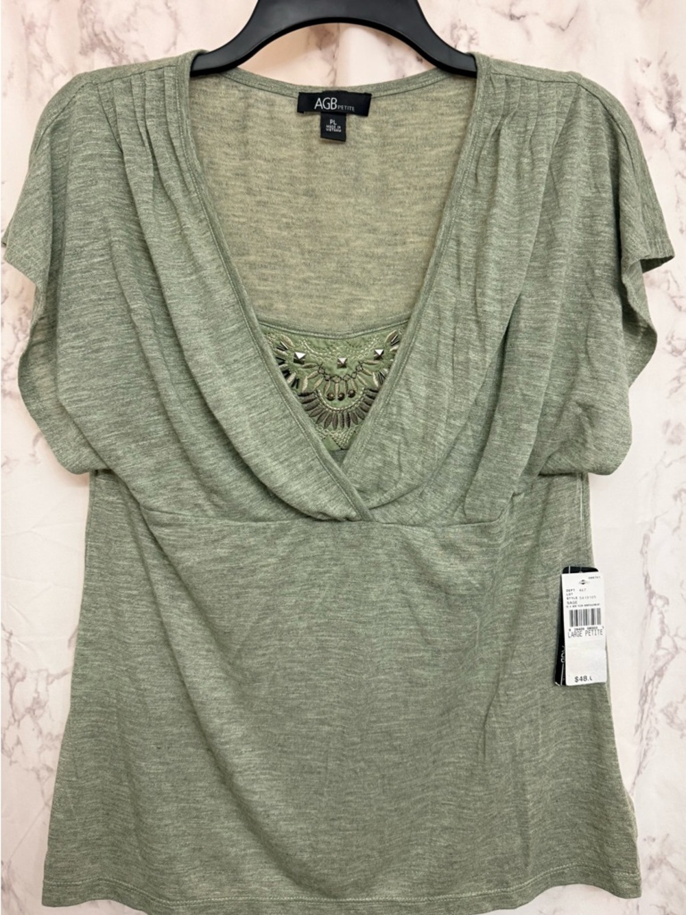 AGB Olive Embellished V-Neck Short Sleeve Top